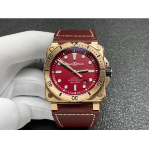 Bell Ross BR0392 Diver Bronze 1:1 Made with a Genuine Red Dial on Brown Leather strap A9015