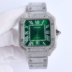 SANTOS DE CARTIER SF Best Edition Full Diamonds Bezel Green DIal on SS Bracelet A2813