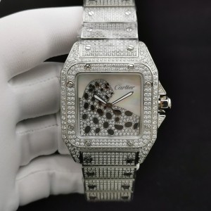 Santos De Cartier 100th anniversary TWF Swarovski diamonds SS Diamond Leopard Dial on Bracelet A2824