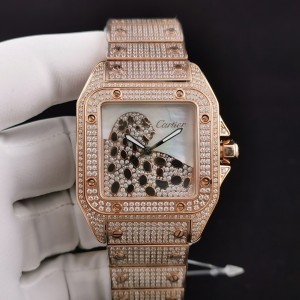 Santos De Cartier 100th anniversary TWF Swarovski diamonds RG Diamond Leopard Dial on Bracelet A2824