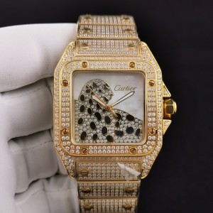 Santos De Cartier 100th anniversary TWF Swarovski diamonds YG Diamond Leopard Dial on Bracelet A2824