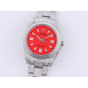 Oyster Perpetual SF 124300 Full Diamonds SS Red Dial Bracelet A2813 Movement